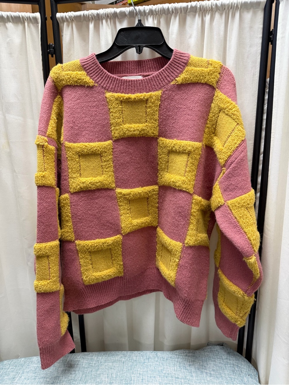 Checker Block Crewneck Sweater in Pink & Yellow